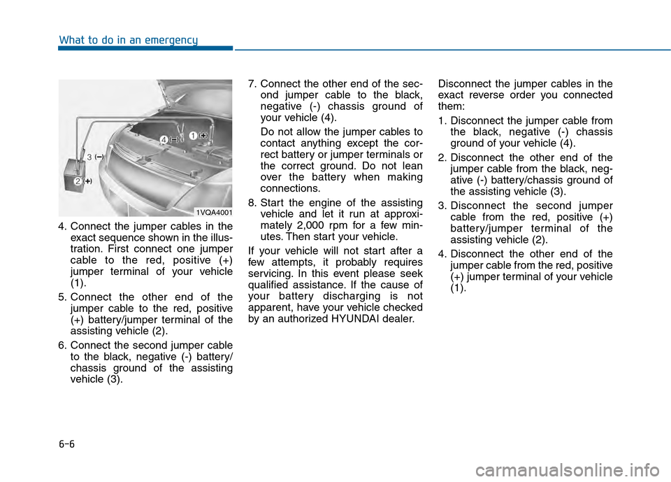 Hyundai Sonata 2015  Owners Manual 6-6
What to do in an emergency
4. Connect the jumper cables in the exact sequence shown in the illus-
tration. First connect one jumper
cable to the red, positive (+)
jumper terminal of your vehicle
(