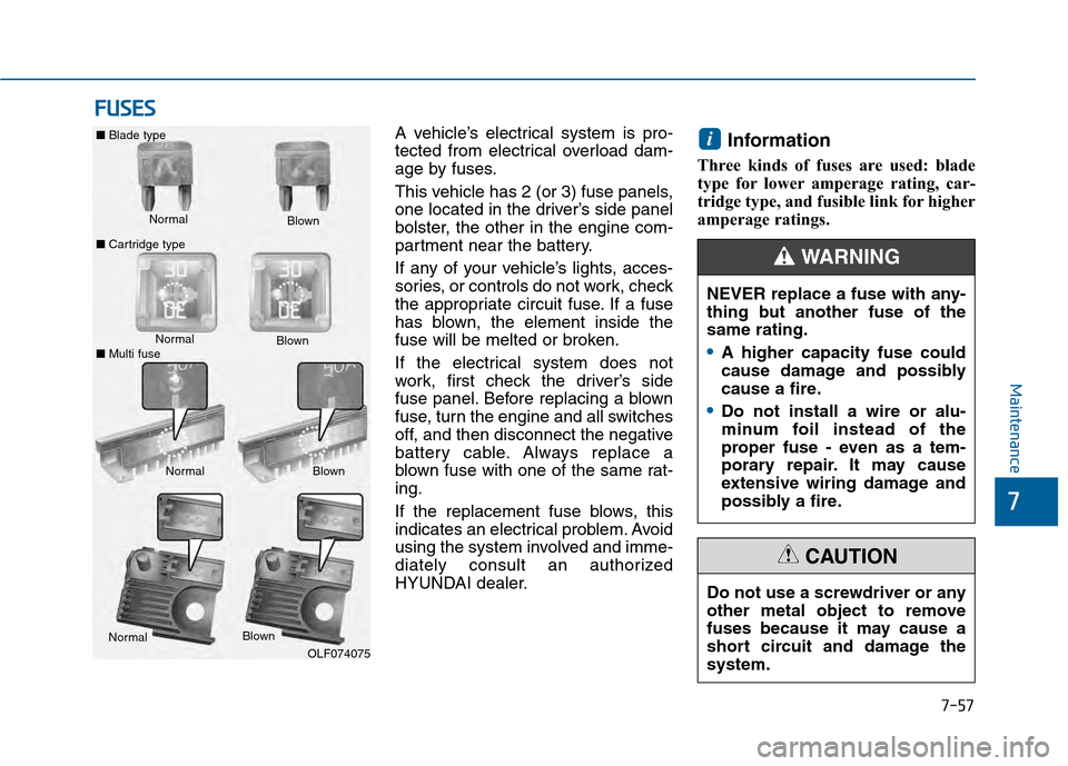 Hyundai Sonata 2015  Owners Manual 7-57
7
Maintenance
F
FU
U S
SE
E S
S
A vehicle’s electrical system is pro-
tected from electrical overload dam-
age by fuses.
This vehicle has 2 (or 3) fuse panels,
one located in the driver’s sid