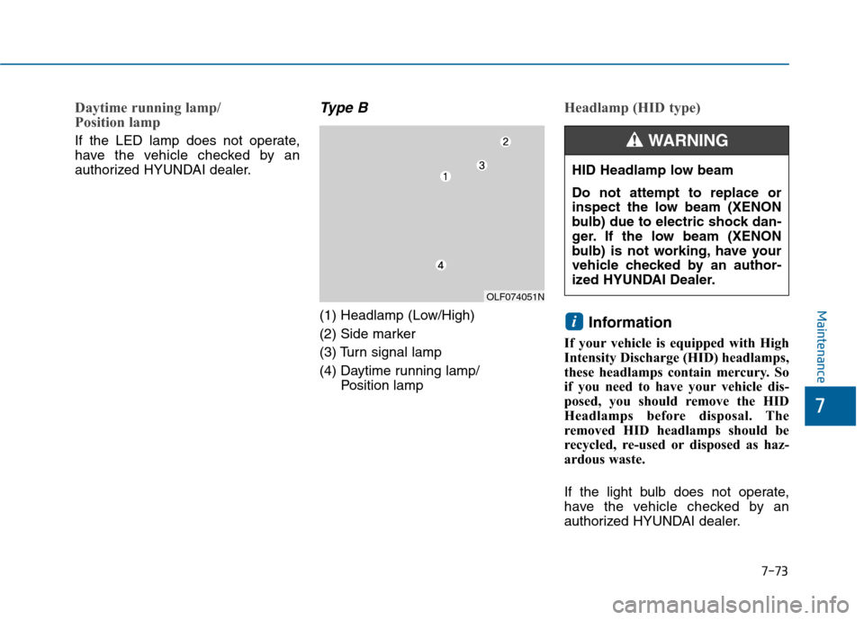 Hyundai Sonata 2015  Owners Manual 7-73
7
Maintenance
Daytime running lamp/ 
Position lamp 
If the LED lamp does not operate,
have the vehicle checked by an
authorized HYUNDAI dealer.
Type B
(1) Headlamp (Low/High)
(2) Side marker
(3) 
