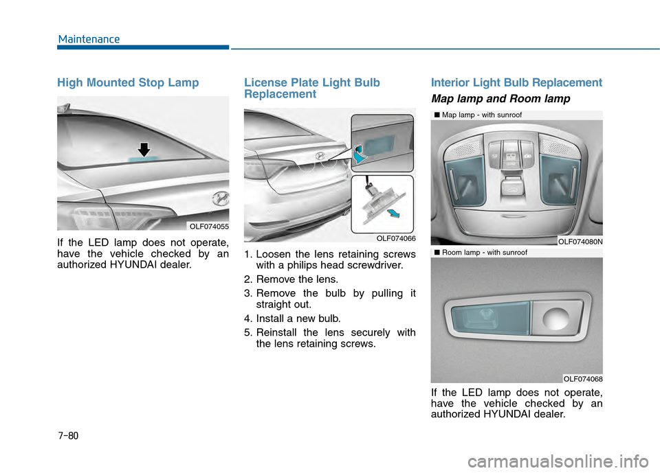 Hyundai Sonata 2015 Owners Manual 7-80
Maintenance
High Mounted Stop Lamp
If the LED lamp does not operate,
have the vehicle checked by an
authorized HYUNDAI dealer.
License Plate Light Bulb
Replacement
1. Loosen the lens retaining sc Hyundai Sonata 2015 Owners Manual 7-80
Maintenance
High Mounted Stop Lamp
If the LED lamp does not operate,
have the vehicle checked by an
authorized HYUNDAI dealer.
License Plate Light Bulb
Replacement
1. Loosen the lens retaining sc
