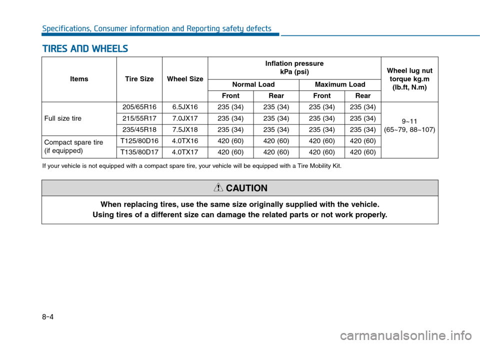 Hyundai Sonata 2015  Owners Manual 8-4
Specifications, Consumer information and Reporting safety defects
T
TI
IR
R E
ES
S 
 A
A N
N D
D 
 W
W H
HE
EE
EL
LS
S
When replacing tires, use the same size originally supplied with the vehicle.