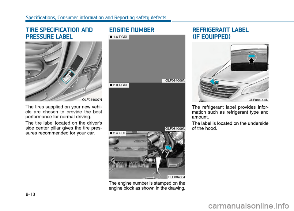 Hyundai Sonata 2015  Owners Manual 8-10
Specifications, Consumer information and Reporting safety defects
The tires supplied on your new vehi-
cle are chosen to provide the best
performance for normal driving.
The tire label located on