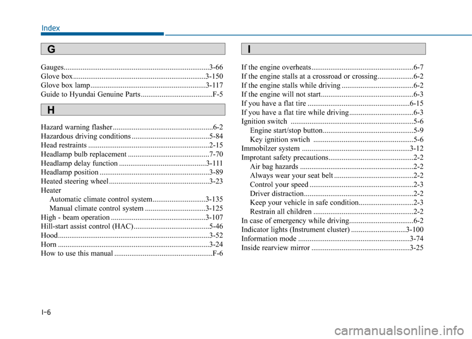 Hyundai Sonata 2015  Owners Manual I-6
Gauges........................................................................\
.....3-66
Glove box......................................................................3-\
150
Glove box lamp ....