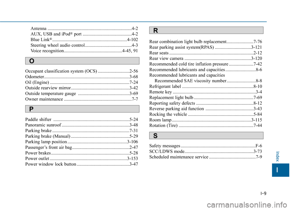 Hyundai Sonata 2015  Owners Manual I-9
Antenna ........................................................................\
4-2
AUX, USB and iPod®port ..........................................4-2
Blue Link®.............................