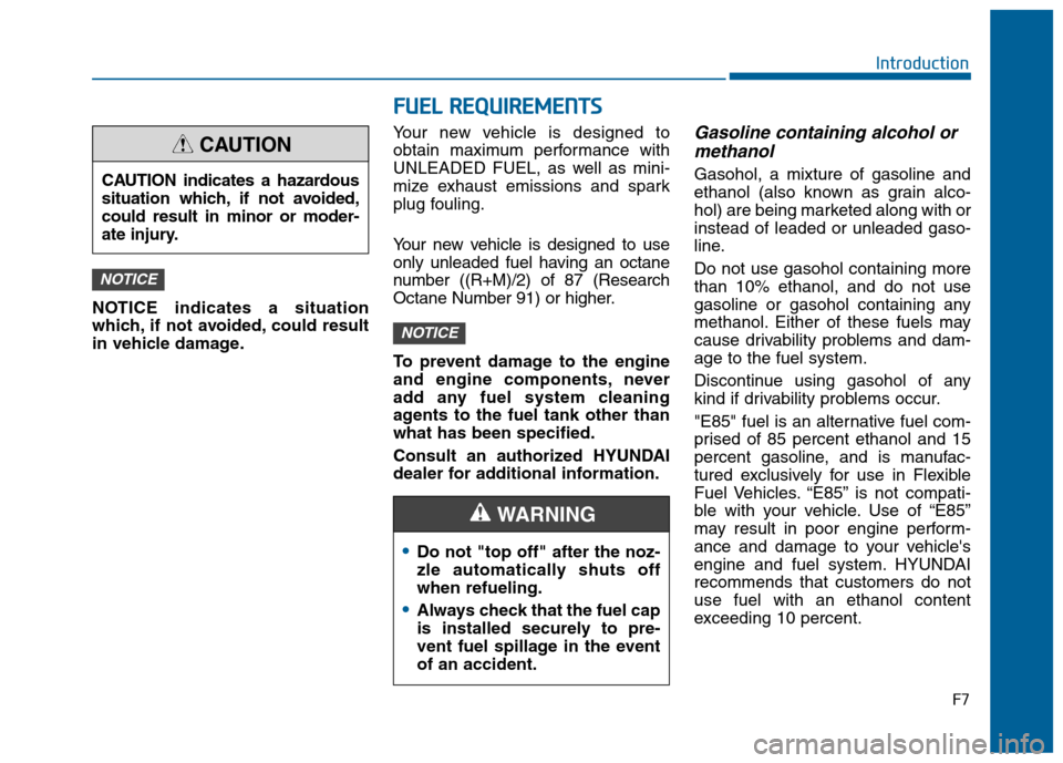 Hyundai Sonata 2015  Owners Manual F7
Introduction
F
FU
U E
EL
L 
 R
R E
EQ
Q U
UI
IR
R E
EM
M E
EN
N T
TS
S
NOTICE indicates a situation
which, if not avoided, could result
in vehicle damage. Your new vehicle is designed to
obtain max