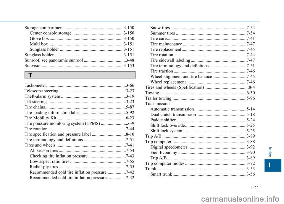 Hyundai Sonata 2015 Owners Manual I-11
Storage compartment ....................................................3-150Center console storage .............................................3-150
Glove box .................................. Hyundai Sonata 2015 Owners Manual I-11
Storage compartment ....................................................3-150Center console storage .............................................3-150
Glove box ..................................