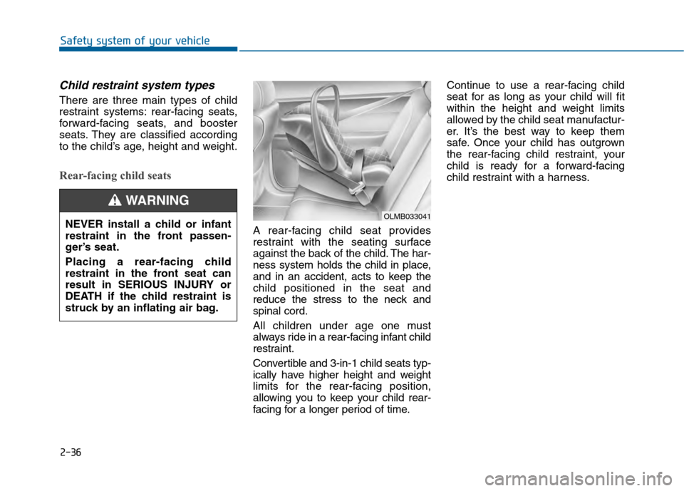 Hyundai Sonata 2015 Owners Guide 2-36
Safety system of your vehicle
Child restraint system types 
There are three main types of child
restraint systems: rear-facing seats,
forward-facing seats, and booster
seats. They are classified 