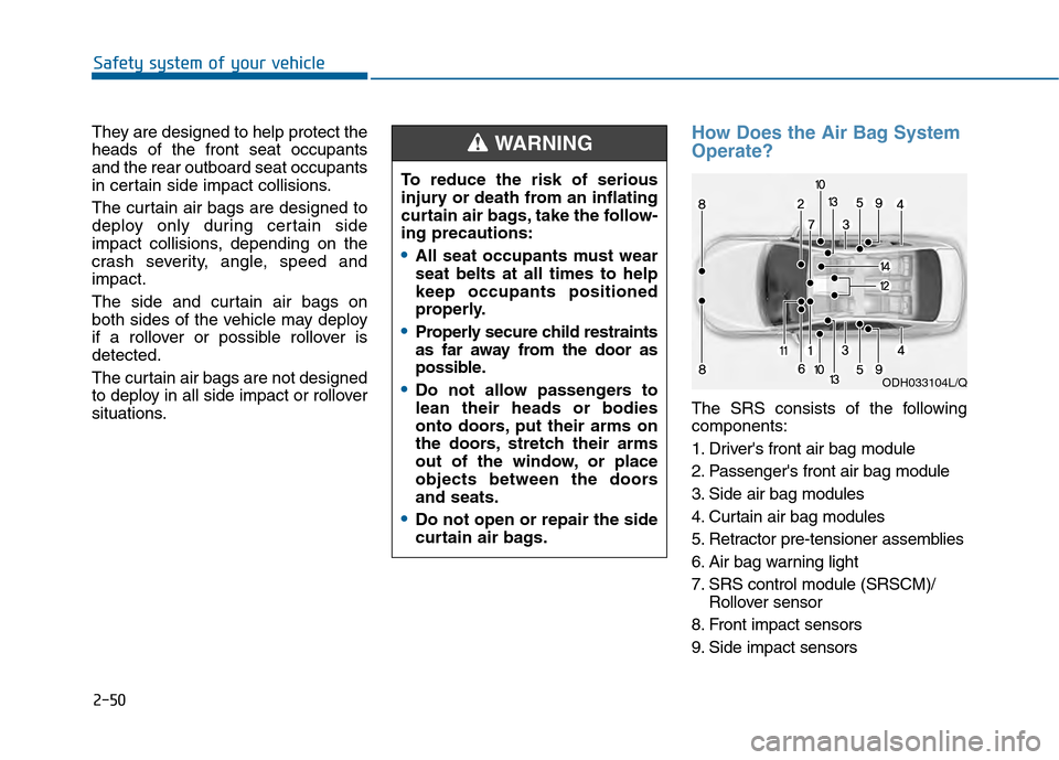 Hyundai Sonata 2015 Manual PDF 2-50
Safety system of your vehicle
They are designed to help protect the
heads of the front seat occupants
and the rear outboard seat occupants
in certain side impact collisions.
The curtain air bags 