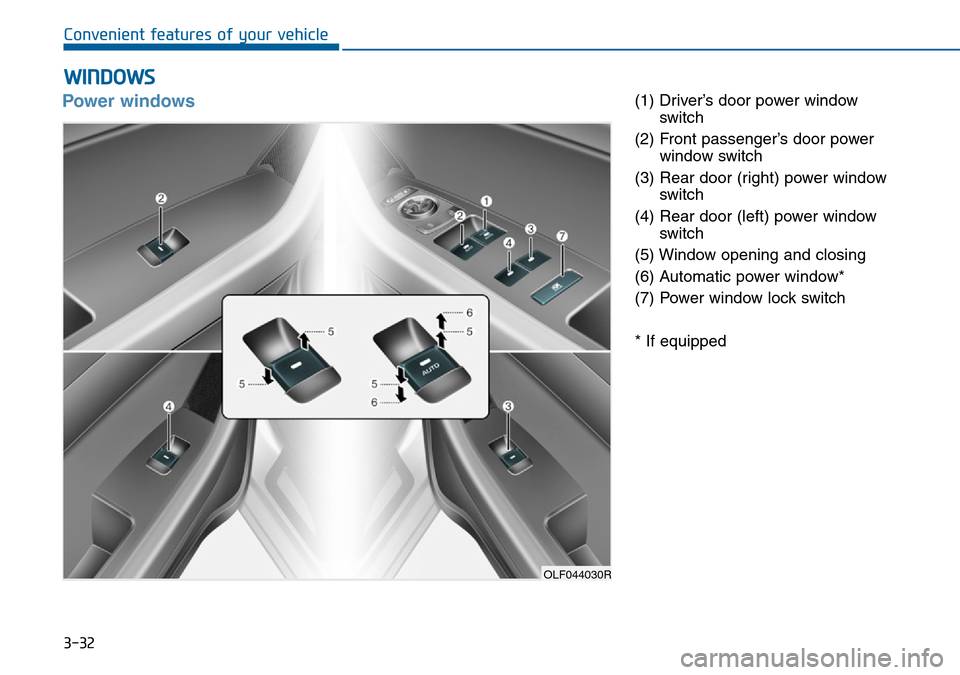 Hyundai Sonata 2015  Owners Manual - RHD (UK, Australia) 3-32
Convenient features of your vehicle
WINDOWS
Power windows(1) Driver’s door power window
switch
(2) Front passenger’s door power
window switch
(3) Rear door (right) power window
switch
(4) Rea Hyundai Sonata 2015  Owners Manual - RHD (UK, Australia) 3-32
Convenient features of your vehicle
WINDOWS
Power windows(1) Driver’s door power window
switch
(2) Front passenger’s door power
window switch
(3) Rear door (right) power window
switch
(4) Rea