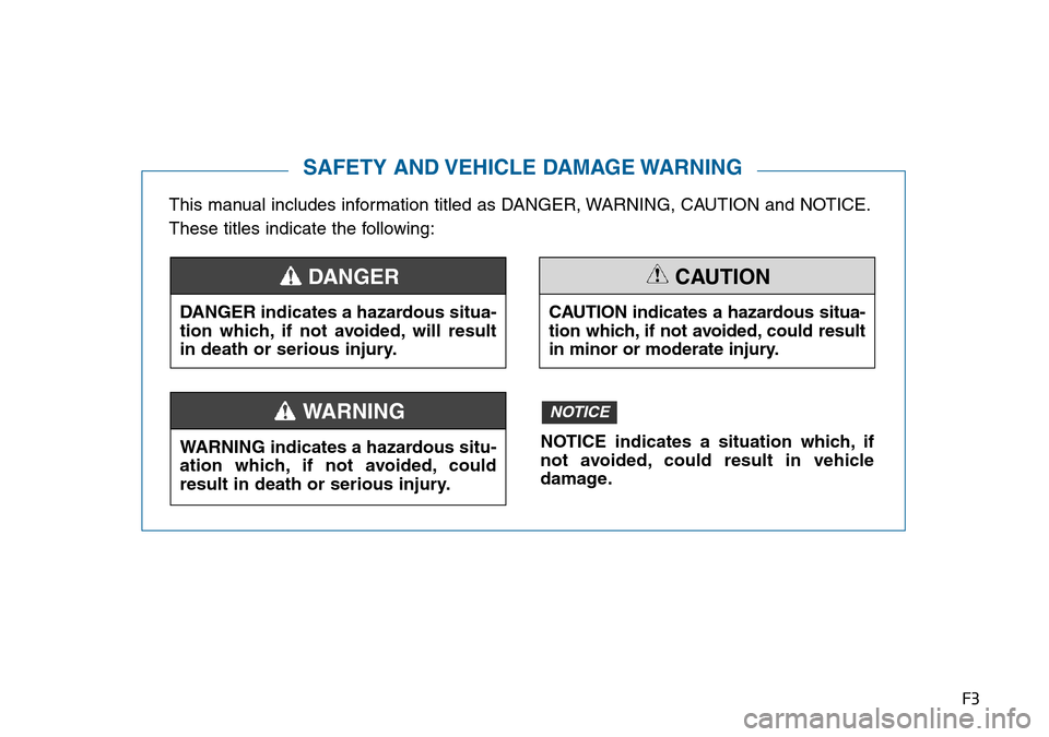 Hyundai Sonata 2015 Owners Manual - RHD (UK, Australia) F3
This manual includes information titled as DANGER, WARNING, CAUTION and NOTICE.
These titles indicate the following:
SAFETY AND VEHICLE DAMAGE WARNING
DANGER indicates a hazardous situa-
tion which Hyundai Sonata 2015 Owners Manual - RHD (UK, Australia) F3
This manual includes information titled as DANGER, WARNING, CAUTION and NOTICE.
These titles indicate the following:
SAFETY AND VEHICLE DAMAGE WARNING
DANGER indicates a hazardous situa-
tion which