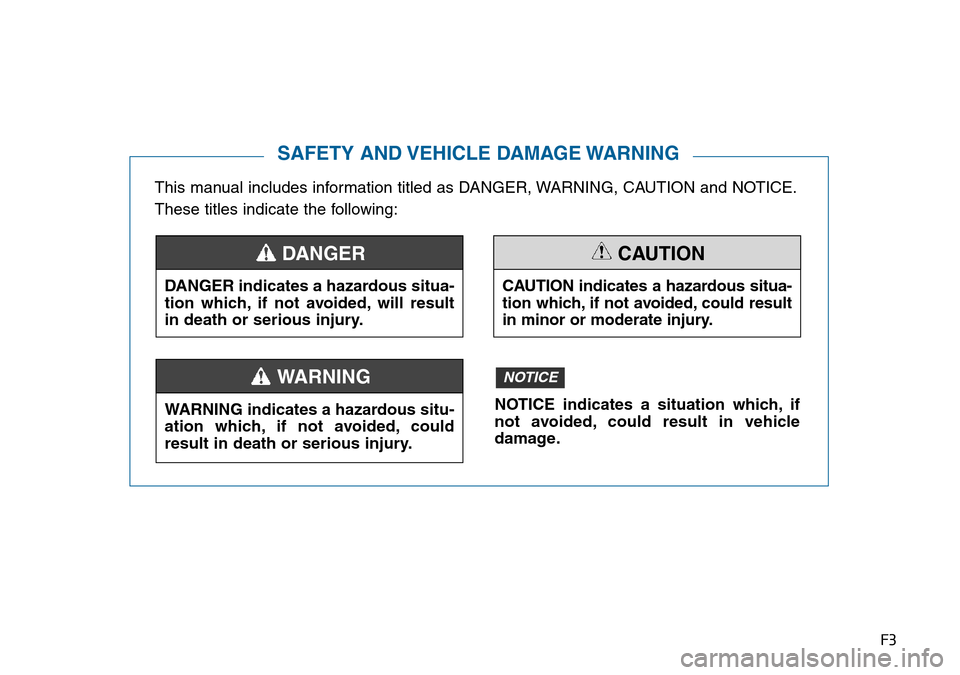 Hyundai Sonata 2015  Owners Manual - RHD (UK, Australia) F3
This manual includes information titled as DANGER, WARNING, CAUTION and NOTICE.
These titles indicate the following:
SAFETY AND VEHICLE DAMAGE WARNING
DANGER indicates a hazardous situa-
tion which