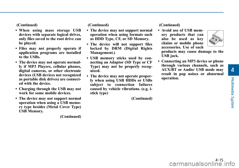 Hyundai Sonata 2015  Owners Manual - RHD (UK, Australia) 4-15
Multimedia System
4
(Continued)
• When using mass storage USB
devices with separate logical drives,
only files saved to the root drive can
be played.
• Files may not properly operate if
appli