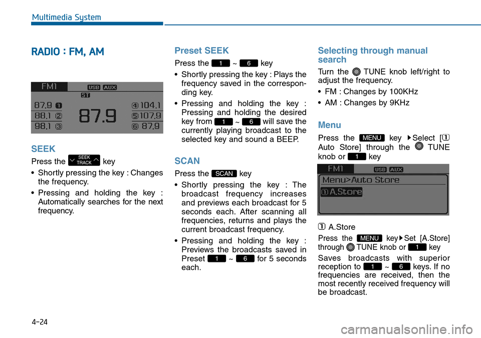 Hyundai Sonata 2015 Owners Manual - RHD (UK, Australia) 4-24
Multimedia System
RADIO : FM, AM
SEEK
Press the key
• Shortly pressing the key : Changes
the frequency.
• Pressing and holding the key :
Automatically searches for the next
frequency.
Pres Hyundai Sonata 2015 Owners Manual - RHD (UK, Australia) 4-24
Multimedia System
RADIO : FM, AM
SEEK
Press the key
• Shortly pressing the key : Changes
the frequency.
• Pressing and holding the key :
Automatically searches for the next
frequency.
Pres