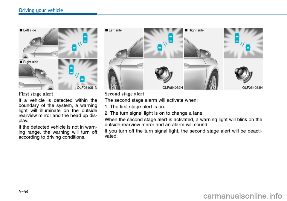 Hyundai Sonata 2015 Owners Manual - RHD (UK, Australia) 5-54
Driving your vehicle
First stage alert
If a vehicle is detected within the
boundary of the system, a warning
light will illuminate on the outside
rearview mirror and the head up dis-
play.
If the Hyundai Sonata 2015 Owners Manual - RHD (UK, Australia) 5-54
Driving your vehicle
First stage alert
If a vehicle is detected within the
boundary of the system, a warning
light will illuminate on the outside
rearview mirror and the head up dis-
play.
If the