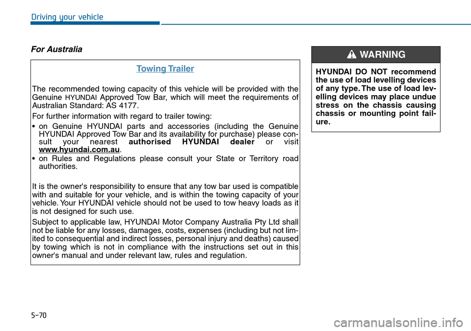 Hyundai Sonata 2015 Owners Manual - RHD (UK, Australia) 5-70
Driving your vehicle
For Australia
Towing Trailer
The recommended towing capacity of this vehicle will be provided with the
Genuine
HYUNDAIApproved Tow Bar, which will meet the requirements of
A Hyundai Sonata 2015 Owners Manual - RHD (UK, Australia) 5-70
Driving your vehicle
For Australia
Towing Trailer
The recommended towing capacity of this vehicle will be provided with the
Genuine
HYUNDAIApproved Tow Bar, which will meet the requirements of
A