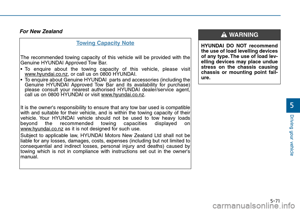 Hyundai Sonata 2015 Owners Manual - RHD (UK, Australia) 5-71
Driving your vehicle
5
For New Zealand
Towing Capacity Note
The recommended towing capacity of this vehicle will be provided with the
Genuine HYUNDAI Approved Tow Bar.
• To enquire about the to Hyundai Sonata 2015 Owners Manual - RHD (UK, Australia) 5-71
Driving your vehicle
5
For New Zealand
Towing Capacity Note
The recommended towing capacity of this vehicle will be provided with the
Genuine HYUNDAI Approved Tow Bar.
• To enquire about the to