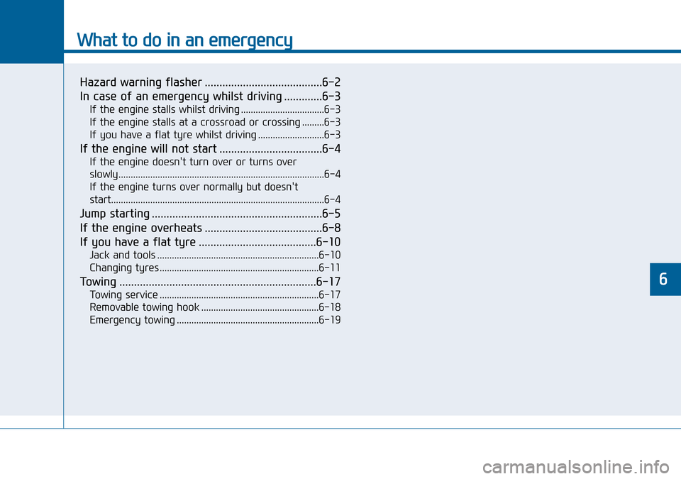 Hyundai Sonata 2015 Owners Manual - RHD (UK, Australia) What to do in an emergency
Hazard warning flasher ........................................6-2
In case of an emergency whilst driving .............6-3
If the engine stalls whilst driving .............. Hyundai Sonata 2015 Owners Manual - RHD (UK, Australia) What to do in an emergency
Hazard warning flasher ........................................6-2
In case of an emergency whilst driving .............6-3
If the engine stalls whilst driving ..............