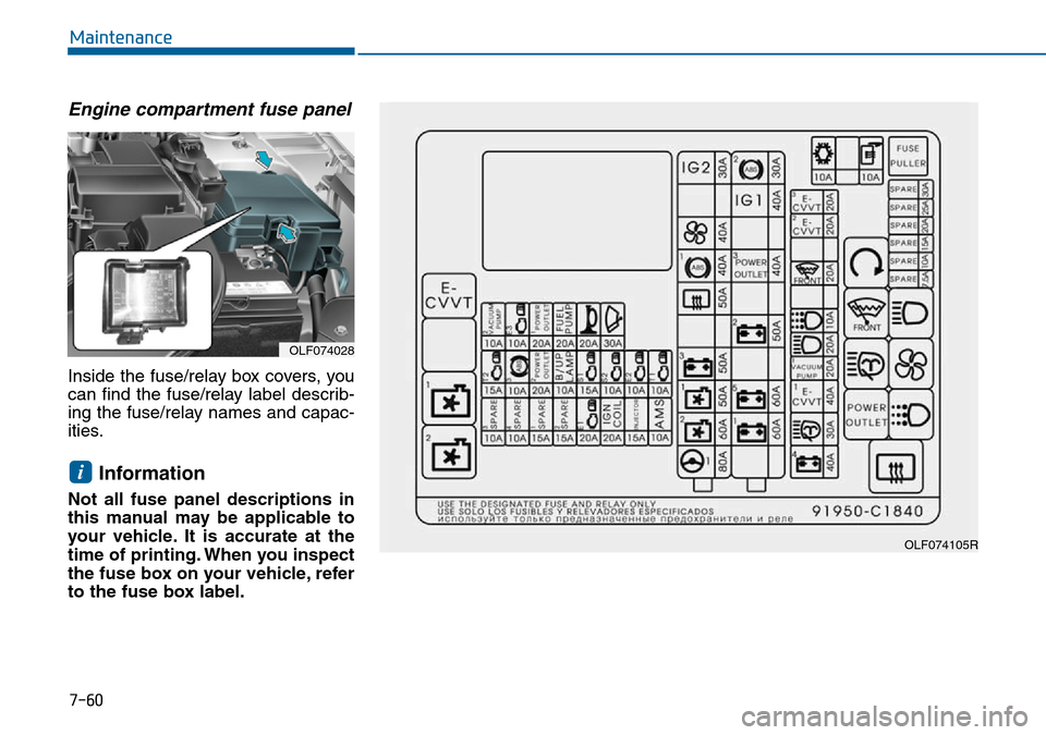 Hyundai Sonata 2015 Owners Manual - RHD (UK, Australia) 7-60
Maintenance
Engine compartment fuse panel
Inside the fuse/relay box covers, you
can find the fuse/relay label describ-
ing the fuse/relay names and capac-
ities.
Information
Not all fuse panel d Hyundai Sonata 2015 Owners Manual - RHD (UK, Australia) 7-60
Maintenance
Engine compartment fuse panel
Inside the fuse/relay box covers, you
can find the fuse/relay label describ-
ing the fuse/relay names and capac-
ities.
Information
Not all fuse panel d