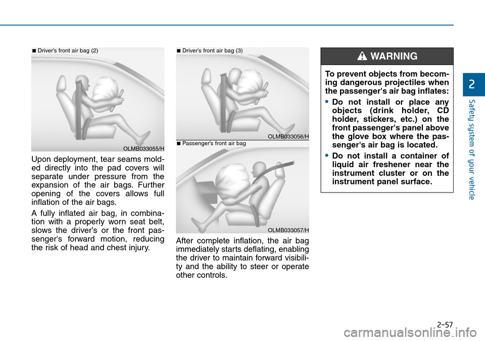 Hyundai Sonata 2015   - RHD (UK, Australia) Manual PDF 2-57
Safety system of your vehicle
2
Upon deployment, tear seams mold-
ed directly into the pad covers will
separate under pressure from the
expansion of the air bags. Further
opening of the covers al