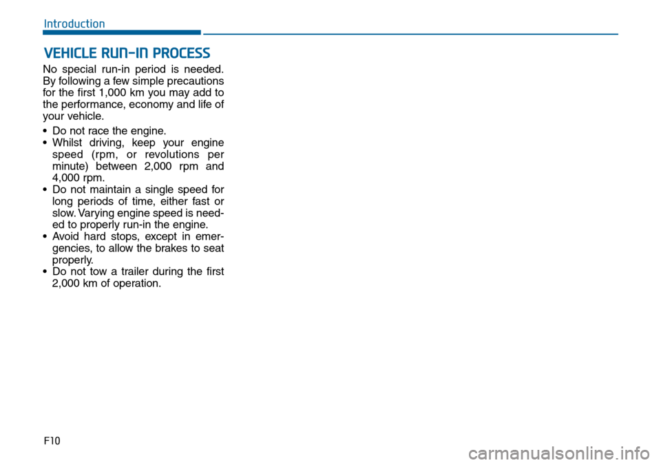 Hyundai Sonata 2015  Owners Manual - RHD (UK, Australia) VEHICLE RUN-IN PROCESS
F10
Introduction
No special run-in period is needed.
By following a few simple precautions
for the first 1,000 km you may add to
the performance, economy and life of
your vehicl