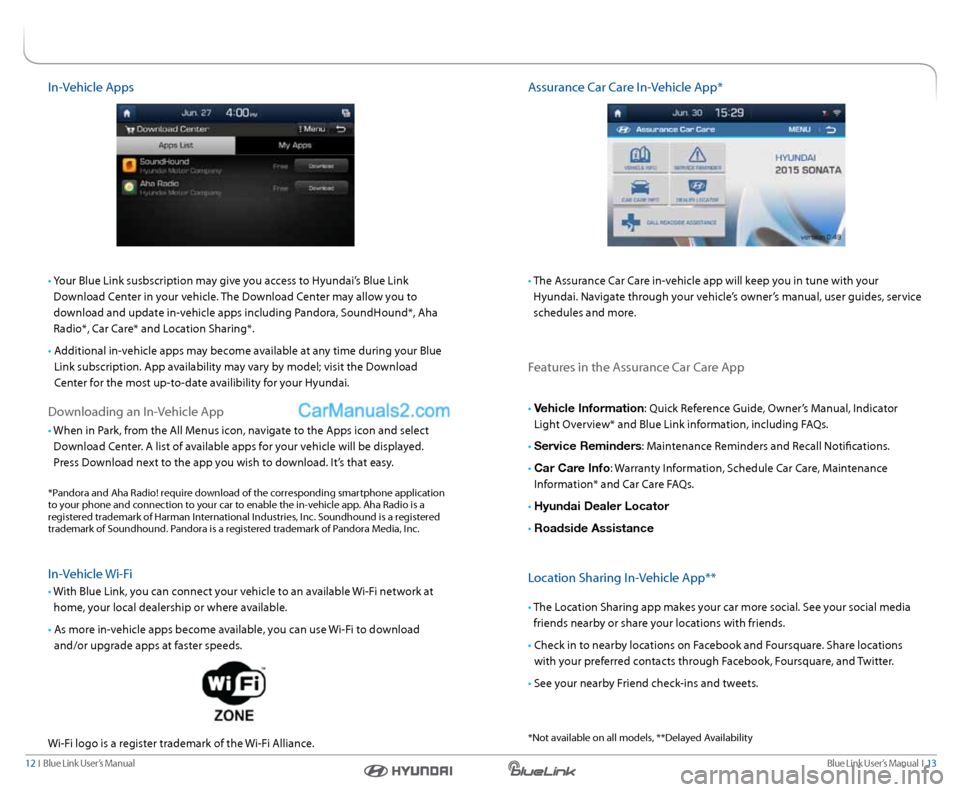 Hyundai Sonata 2015  Blue Link Manual Blue link User’s Manual  I  13
12  I   Blue link User’s Manual
In-Vehicle a pps
•  y our Blue link susbscription may give you access to Hyundai’s Blue link 
Download c enter in your vehicle. T