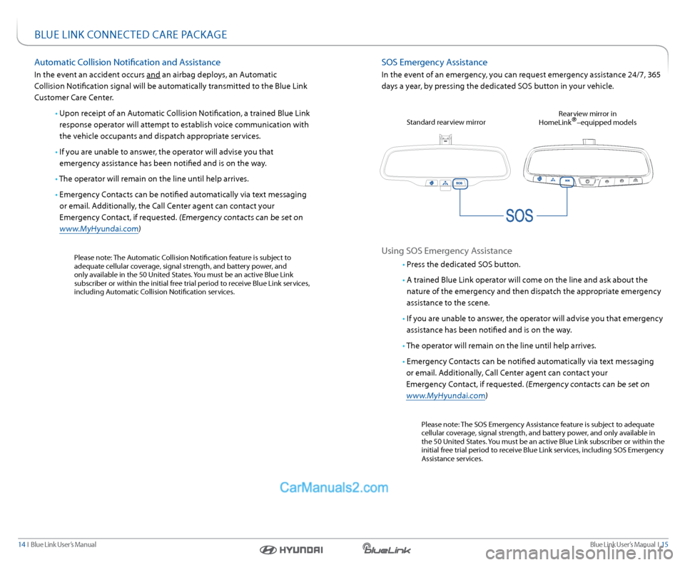 Hyundai Sonata 2015  Blue Link Manual Blue link User’s Manual  I  15
14  I   Blue link User’s Manual
sOs emergency a ssistance
In the event of an emergency, you can request emergency assistance 24/7, 365 
days a year, by pressing the 