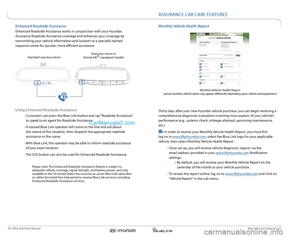 Hyundai Sonata 2015  Blue Link Manual Blue link User’s Manual  I  17
16  I   Blue link User’s Manual
Monthly Vehicle Health r eport
Thirty days after your new Hyundai vehicle purchase, you can begin receiving a 
comprehensive diagnost