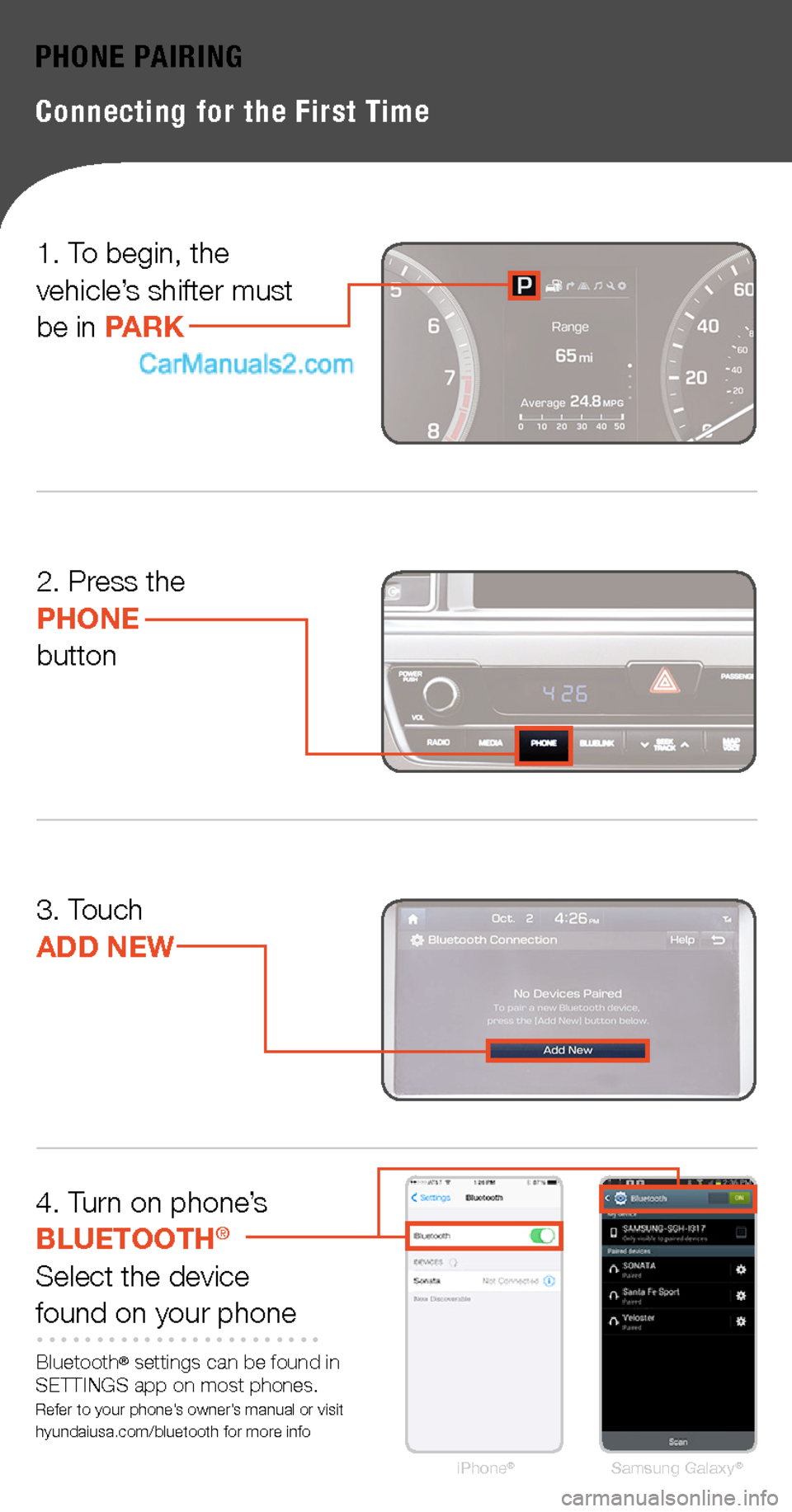 Hyundai Sonata 2015  Quick Tips PHONE PAIRING
Connecting for the First Time
2. Press thePHONEbutton
3. Touch  ADD NEW
4. Turn on phone’s  BLUETOOTH®
Select the devicefound on your phone
Bluetooth® settings can be found in SETTIN