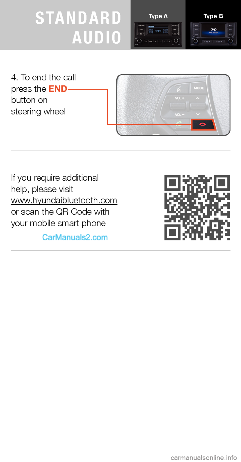 Hyundai Sonata 2015  Quick Tips If you require additional  help, please visit  www.hyundaibluetooth.com or scan the QR Code with  your mobile smart phone
4. To end the call press the END  button on  steering wheel
Type AType BSTANDA