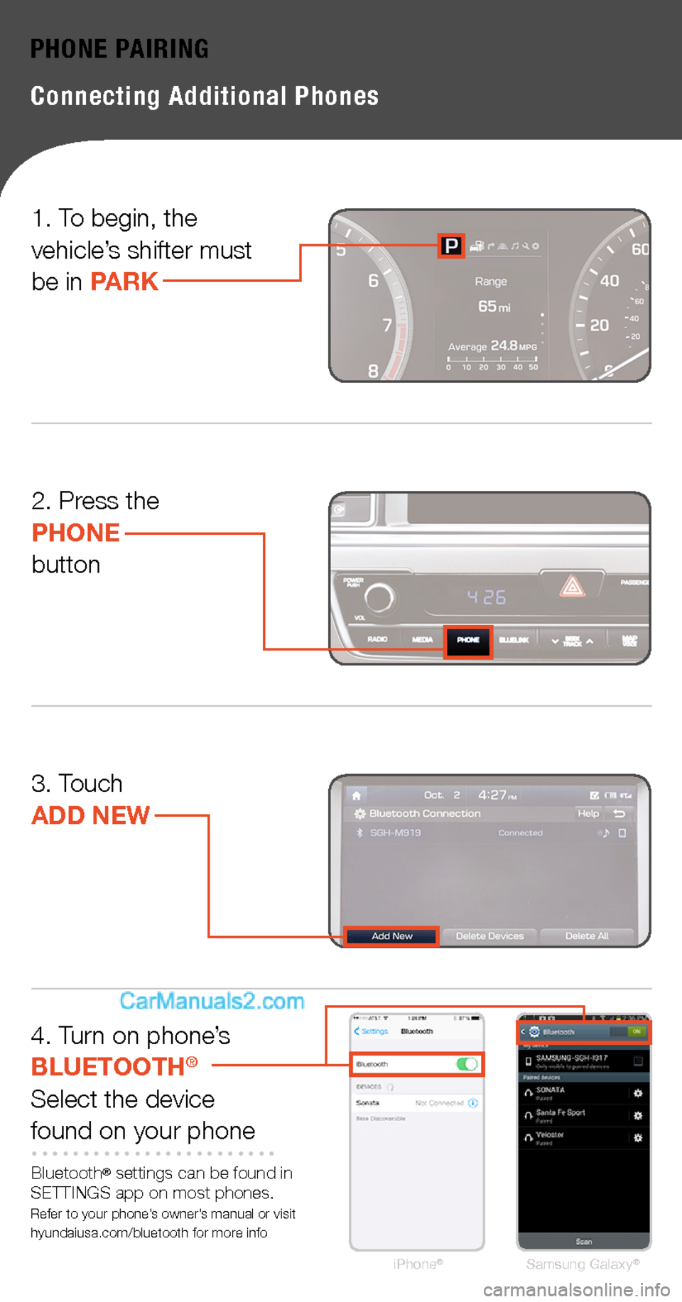 Hyundai Sonata 2015  Quick Tips PHONE PAIRING
Connecting Additional Phones
1. To begin, the vehicle’s shifter must  be in PARK
2. Press thePHONEbutton
3. Touch  ADD NEW
4. Turn on phone’s  BLUETOOTH®
Select the devicefound on y