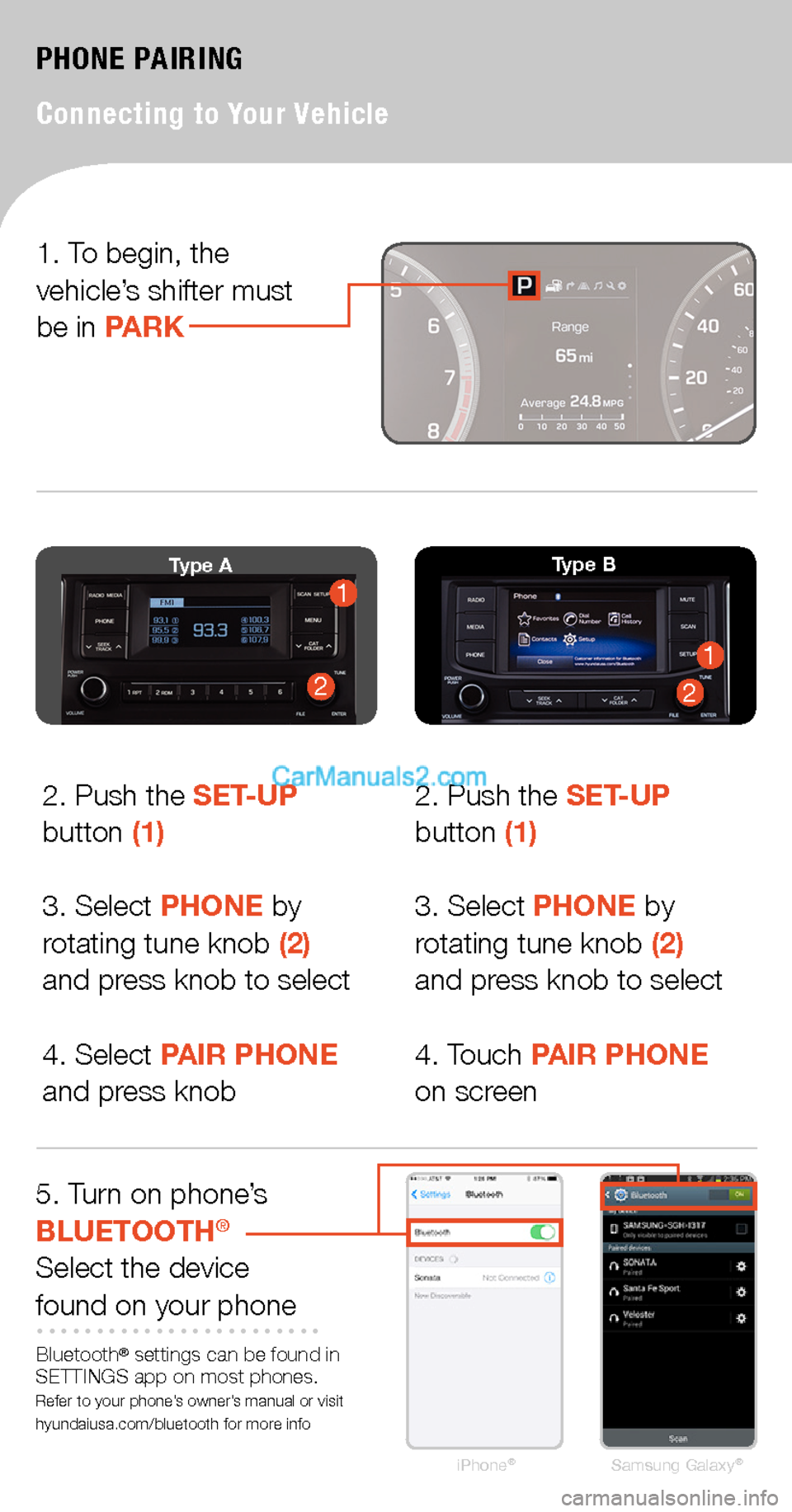 Hyundai Sonata 2015  Quick Tips iPhone®Samsung Galaxy®
PHONE PAIRING
Connecting to Your Vehicle
2
11Type A
211
Type B
2. Push the SET-UP  button (1)
3. Select PHONE by rotating tune knob (2)  and press knob to select
4. Select PAI