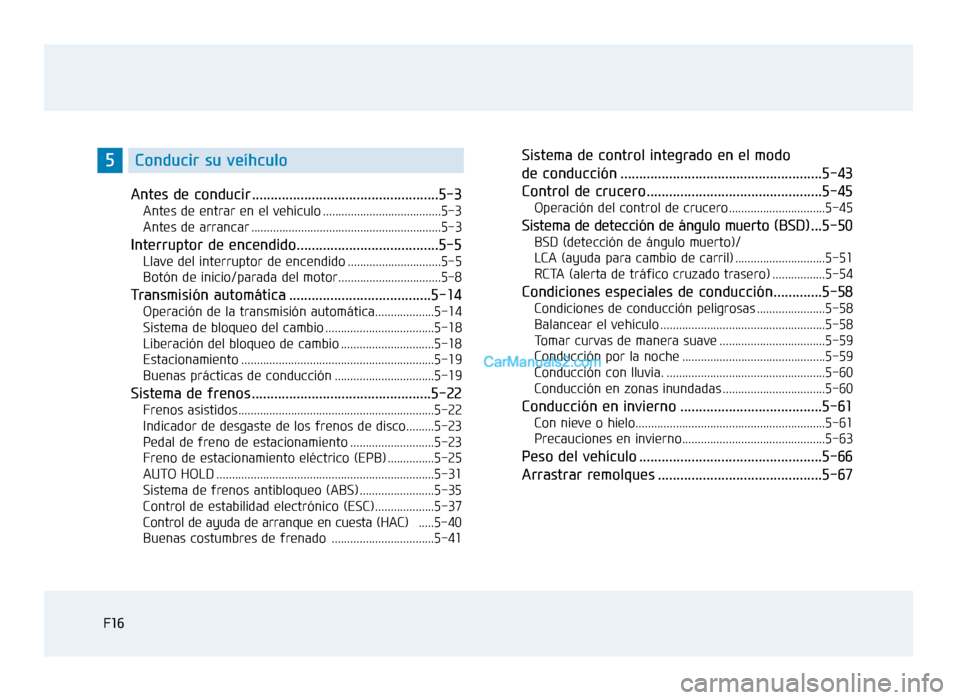 Hyundai Sonata 2015  Manual del propietario (in Spanish) F16
Antes de conducir ..................................................5-3
Antes de entrar en el vehículo ......................................5-3
Antes de arrancar ................................