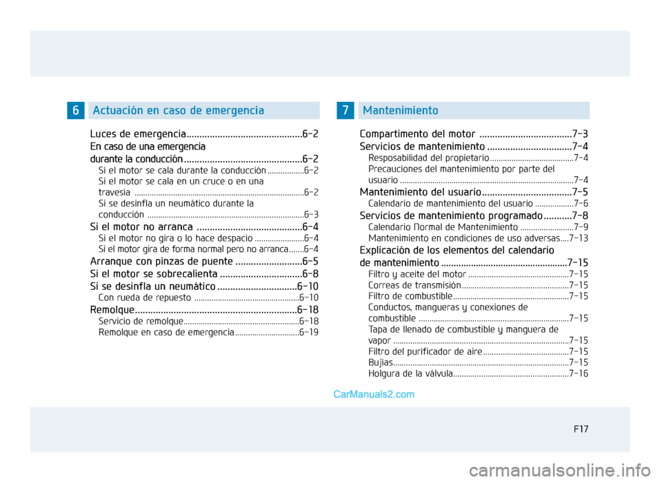 Hyundai Sonata 2015 Manual del propietario (in Spanish) F17
Luces de emergencia.............................................6-2
En caso de una emergencia
durante la conducción..............................................6-2
Si el motor se cala durante l Hyundai Sonata 2015 Manual del propietario (in Spanish) F17
Luces de emergencia.............................................6-2
En caso de una emergencia
durante la conducción..............................................6-2
Si el motor se cala durante l