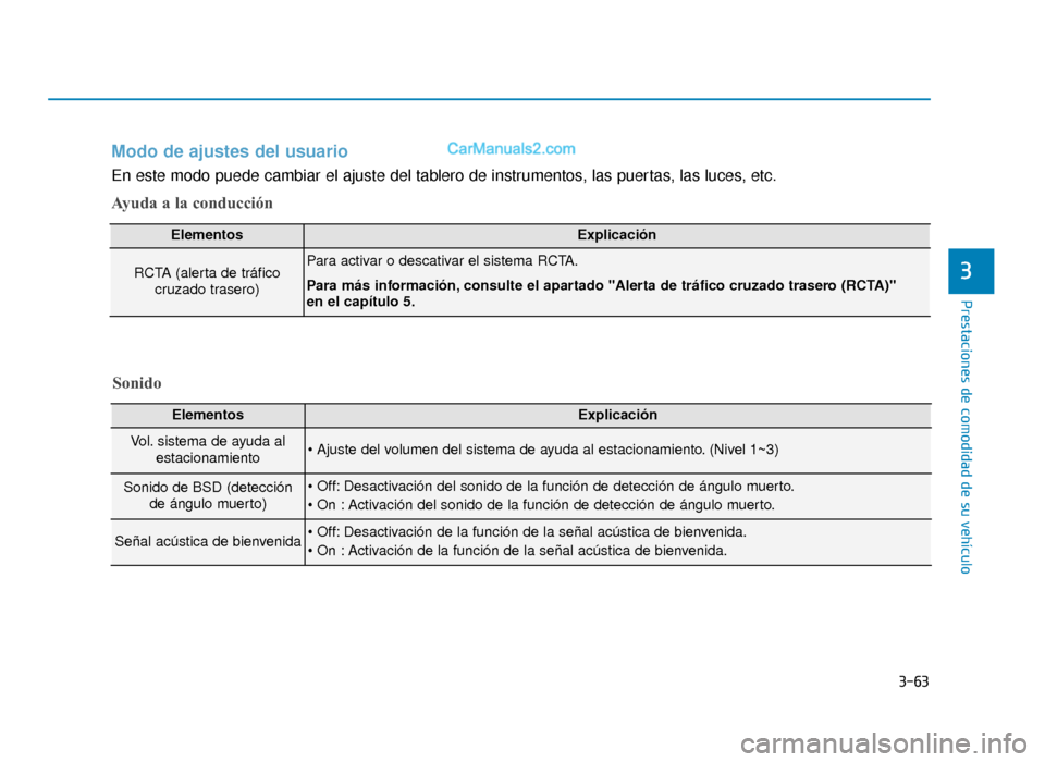 Hyundai Sonata 2015 Manual del propietario (in Spanish) 3-63
Prestaciones de comodidad de su vehículo
3
Modo de ajustes del usuario
En este modo puede cambiar el ajuste del tablero de instrumentos, las puertas, las luces, etc.
Ayuda a la conducción
Eleme Hyundai Sonata 2015 Manual del propietario (in Spanish) 3-63
Prestaciones de comodidad de su vehículo
3
Modo de ajustes del usuario
En este modo puede cambiar el ajuste del tablero de instrumentos, las puertas, las luces, etc.
Ayuda a la conducción
Eleme
