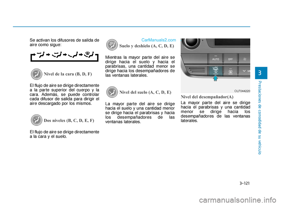 Hyundai Sonata 2015 Manual del propietario (in Spanish) 3-121
Prestaciones de comodidad de su vehículo
3
Se activan los difusores de salida de
aire como sigue:
Nivel de la cara (B, D, F)
El flujo de aire se dirige directamente
a la parte superior del cuer Hyundai Sonata 2015 Manual del propietario (in Spanish) 3-121
Prestaciones de comodidad de su vehículo
3
Se activan los difusores de salida de
aire como sigue:
Nivel de la cara (B, D, F)
El flujo de aire se dirige directamente
a la parte superior del cuer