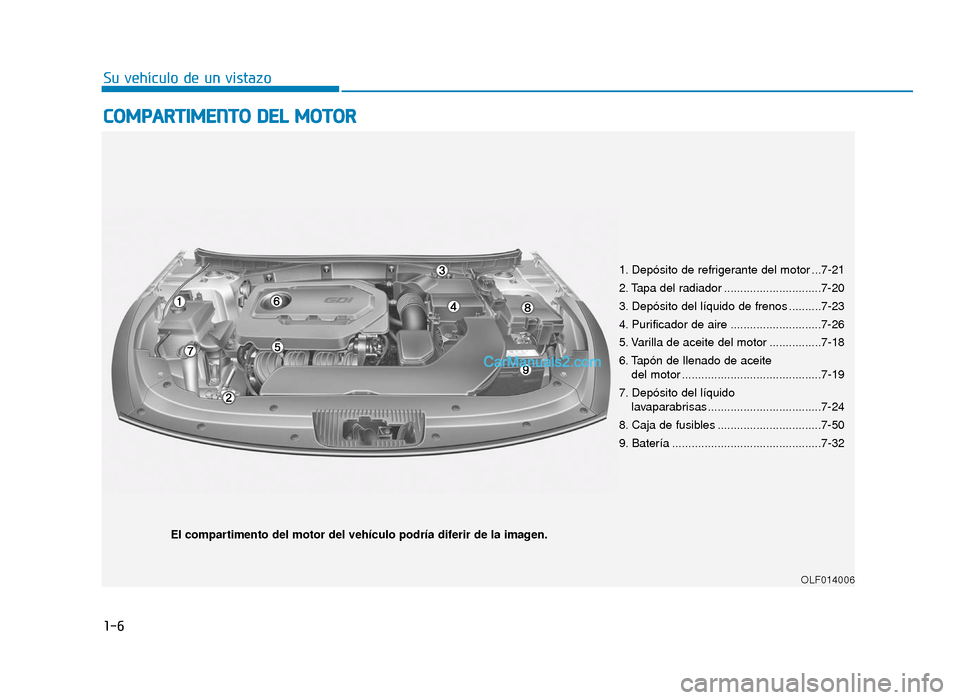 Hyundai Sonata 2015  Manual del propietario (in Spanish) 1-6
Su vehículo de un vistazo
C
CO
O M
M P
PA
A R
RT
TI
IM
M E
EN
N T
TO
O  
 D
D E
EL
L 
 M
M O
OT
TO
O R
R
OLF014006
El compartimento del motor del vehículo podría diferir de la imagen. 1. Depós