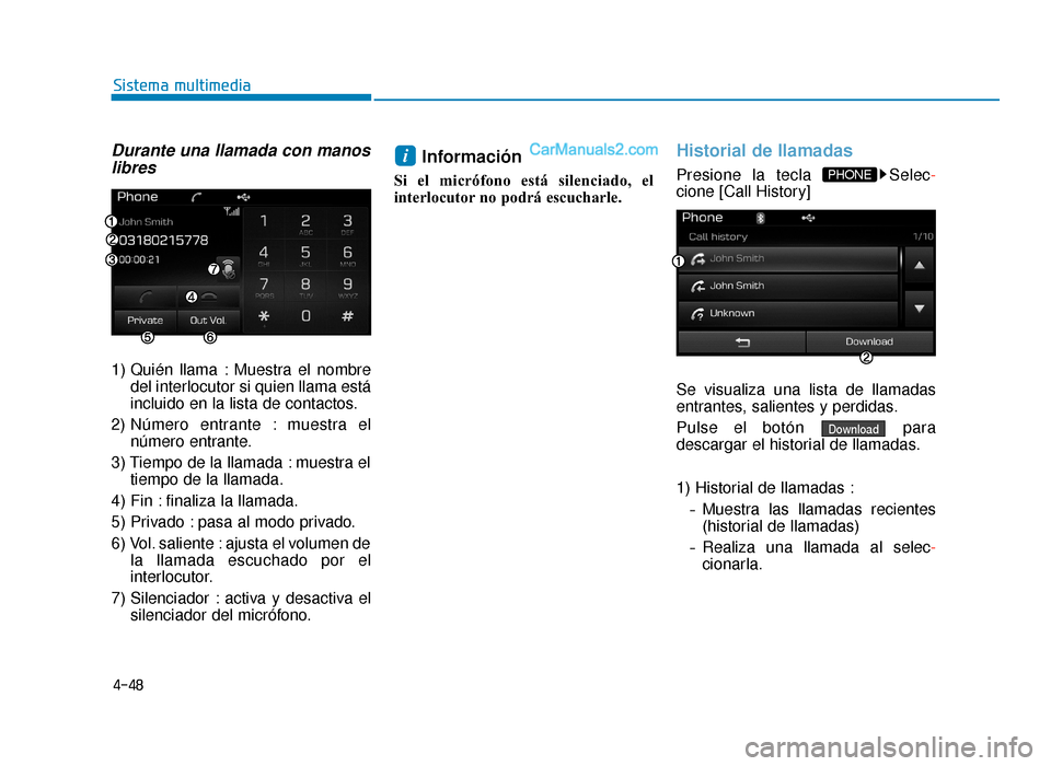 Hyundai Sonata 2015 Manual del propietario (in Spanish) 4-48
Sistema multimedia
Durante una llamada con manoslibres
1) Quién llama : Muestra el nombre
del interlocutor si quien llama está
incluido en la lista de contactos.
2) Número entrante : muestra e Hyundai Sonata 2015 Manual del propietario (in Spanish) 4-48
Sistema multimedia
Durante una llamada con manoslibres
1) Quién llama : Muestra el nombre
del interlocutor si quien llama está
incluido en la lista de contactos.
2) Número entrante : muestra e