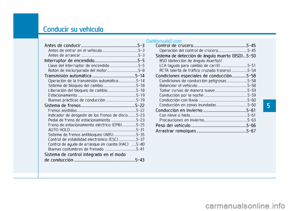 Hyundai Sonata 2015 Manual del propietario (in Spanish) Conducir su vehículo
5
Antes de conducir ..................................................5-3
Antes de entrar en el vehículo ......................................5-3
Antes de arrancar ............ Hyundai Sonata 2015 Manual del propietario (in Spanish) Conducir su vehículo
5
Antes de conducir ..................................................5-3
Antes de entrar en el vehículo ......................................5-3
Antes de arrancar ............
