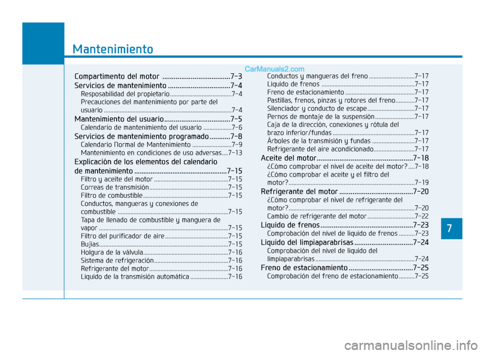 Hyundai Sonata 2015  Manual del propietario (in Spanish) 7
Mantenimiento
7
Mantenimiento
Compartimento del motor  ....................................7-3
Servicios de mantenimiento .................................7-4
Resposabilidad del propietario ........