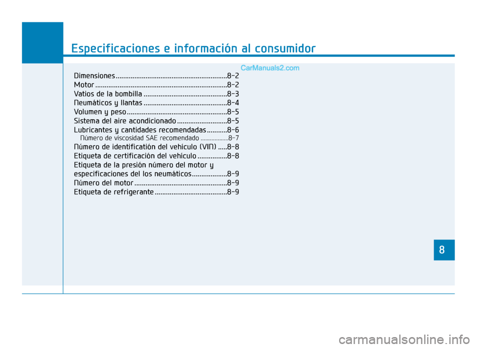 Hyundai Sonata 2015 Manual del propietario (in Spanish) 8
Especificaciones e información al consumidor
8
Specifications & Consumer information
8
Especificaciones e información al consumidor
8
Dimensiones .................................................. Hyundai Sonata 2015 Manual del propietario (in Spanish) 8
Especificaciones e información al consumidor
8
Specifications & Consumer information
8
Especificaciones e información al consumidor
8
Dimensiones ..................................................
