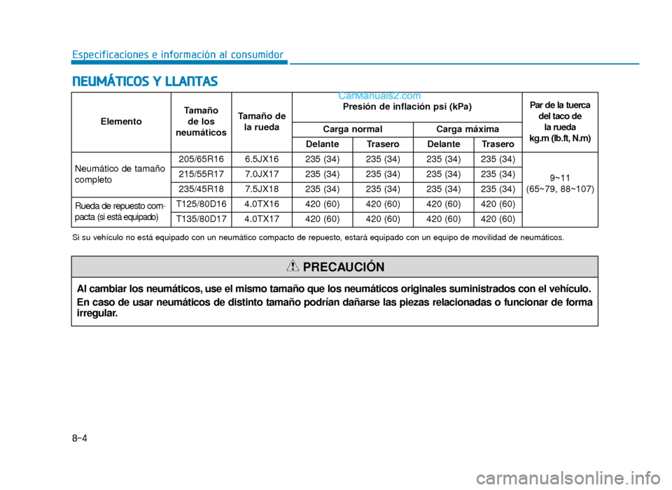 Hyundai Sonata 2015  Manual del propietario (in Spanish) 8-4
Especificaciones e información al consumidor
N
NE
EU
U M
M Á
ÁT
TI
IC
C O
O S
S 
 Y
Y  
 L
L L
LA
A N
N T
TA
A S
S
Al cambiar los neumáticos, use el mismo tamaño que los neumáticos originale