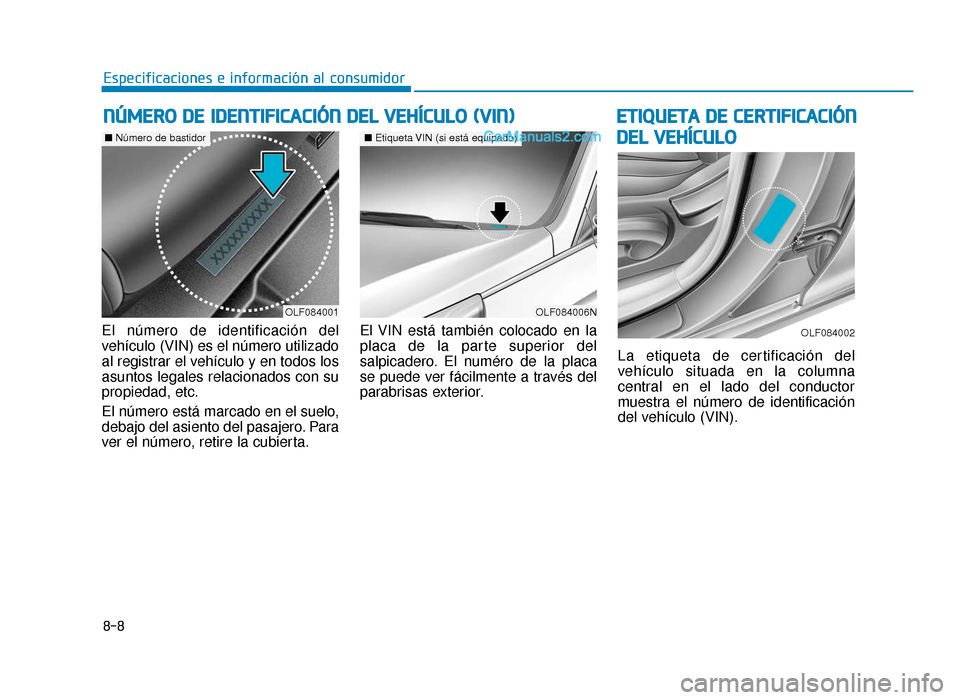 Hyundai Sonata 2015  Manual del propietario (in Spanish) 8-8
Especificaciones e información al consumidor
E
ET
T I
IQ
Q U
UE
ET
T A
A  
 D
D E
E 
 C
C E
E R
R T
TI
IF
F I
IC
C A
A C
CI
IÓ
Ó N
N
D
D E
EL
L 
 V
V E
EH
H Í
ÍC
C U
U L
LO
O
El número de id