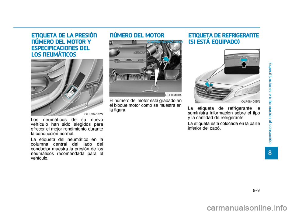 Hyundai Sonata 2015  Manual del propietario (in Spanish) 8-9
8
Especificaciones e información al consumidor
Los neumáticos de su nuevo
vehículo han sido elegidos para
ofrecer el mejor rendimiento durante
la conducción normal.
La etiqueta del neumático 