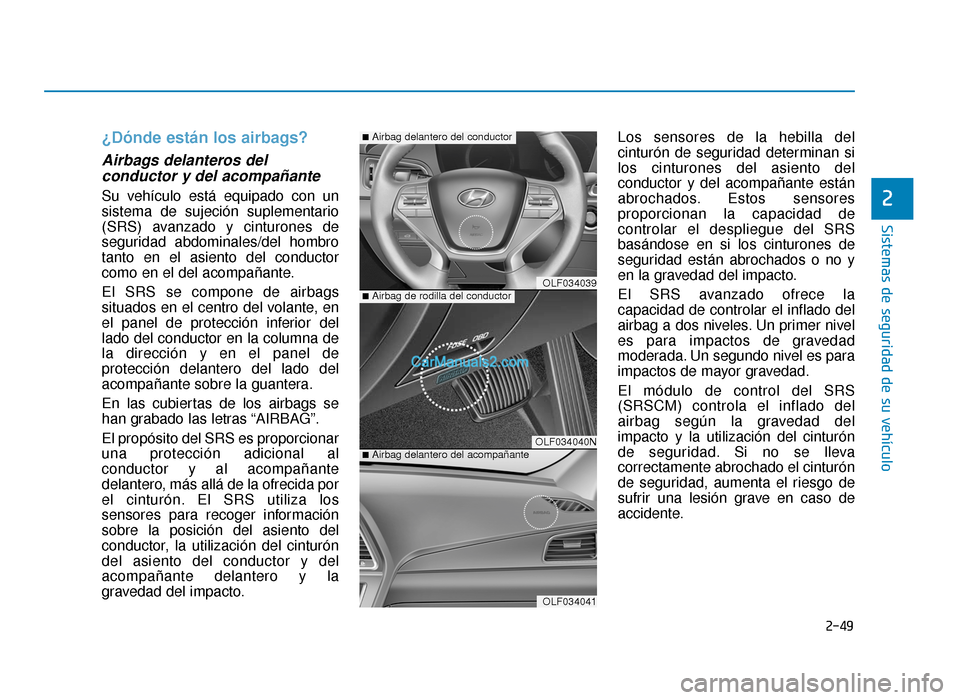 Hyundai Sonata 2015  Manual del propietario (in Spanish) 2-49
Sistemas de seguridad de su vehículo
2
¿Dónde están los airbags?
Airbags delanteros delconductor y del acompañante  
Su vehículo está equipado con un
sistema de sujeción suplementario
(SR