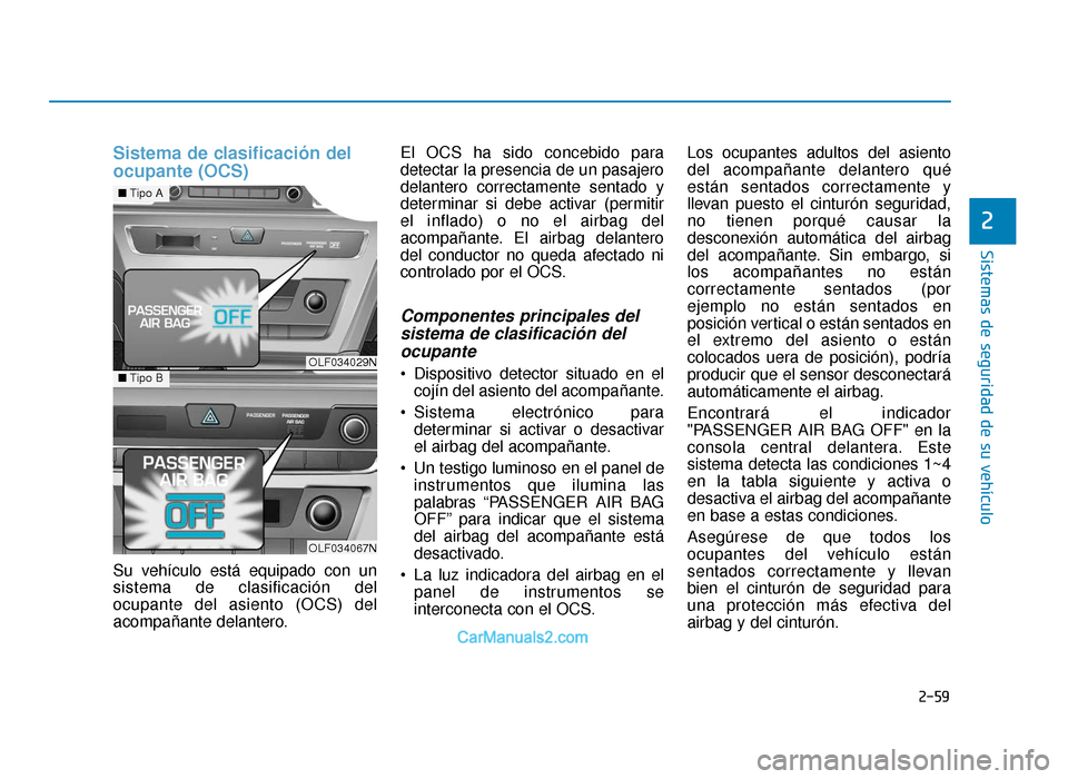 Hyundai Sonata 2015  Manual del propietario (in Spanish) 2-59
Sistemas de seguridad de su vehículo
2
Sistema de clasificación del
ocupante (OCS)
Su vehículo está equipado con un
sistema de clasificación del
ocupante del asiento (OCS) del
acompañante d