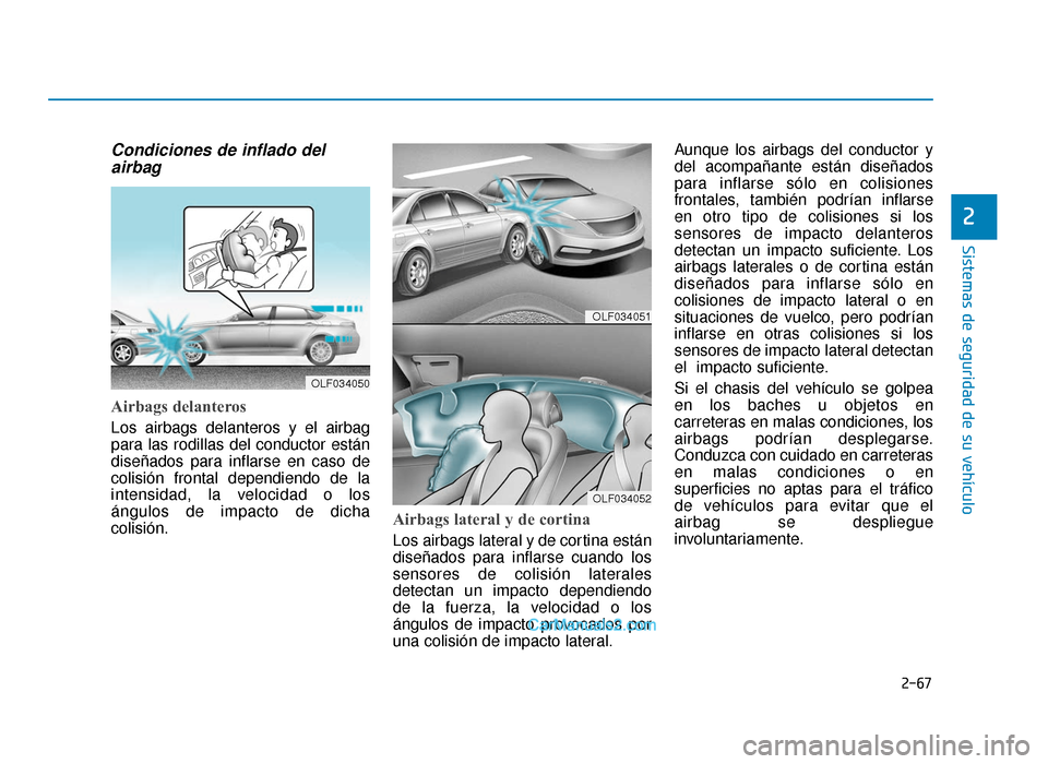 Hyundai Sonata 2015  Manual del propietario (in Spanish) 2-67
Sistemas de seguridad de su vehículo
2
Condiciones de inflado delairbag 
Airbags delanteros 
Los airbags delanteros y el airbag
para las rodillas del conductor están
diseñados para inflarse en