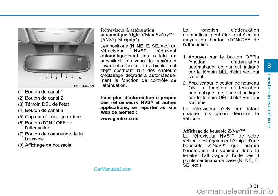 Hyundai Sonata 2015  Manuel du propriétaire (in French) 3-31
Caractéristiques du véhicule
3
(1) Bouton de canal 1
(2) Bouton de canal 2
(3) Témoin DÉL de l’état
(4) Bouton de canal 3
(5) Capteur d’éclairage arrière
(6) Bouton d’ON / OFF del’
