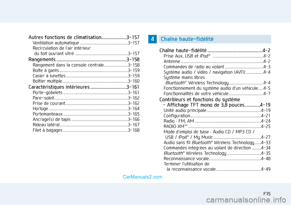Hyundai Sonata 2015  Manuel du propriétaire (in French) F15F15
Autres fonctions de climatisation....................3-157
Ventilation automatique ..............................................3-157
Recirculation de l’air intérieur 
du toit ouvrant vitr�