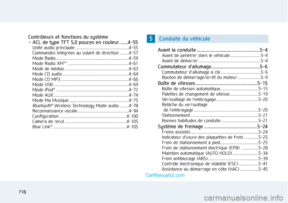 Hyundai Sonata 2015 Manuel du propriétaire (in French) F16F16
Contrôleurs et fonctions du système
- ACL de type TFT 5,0 pouces en couleur.......4-55
Unité audio principale ....................................................4-55
Commandes intégrées a Hyundai Sonata 2015 Manuel du propriétaire (in French) F16F16
Contrôleurs et fonctions du système
- ACL de type TFT 5,0 pouces en couleur.......4-55
Unité audio principale ....................................................4-55
Commandes intégrées a