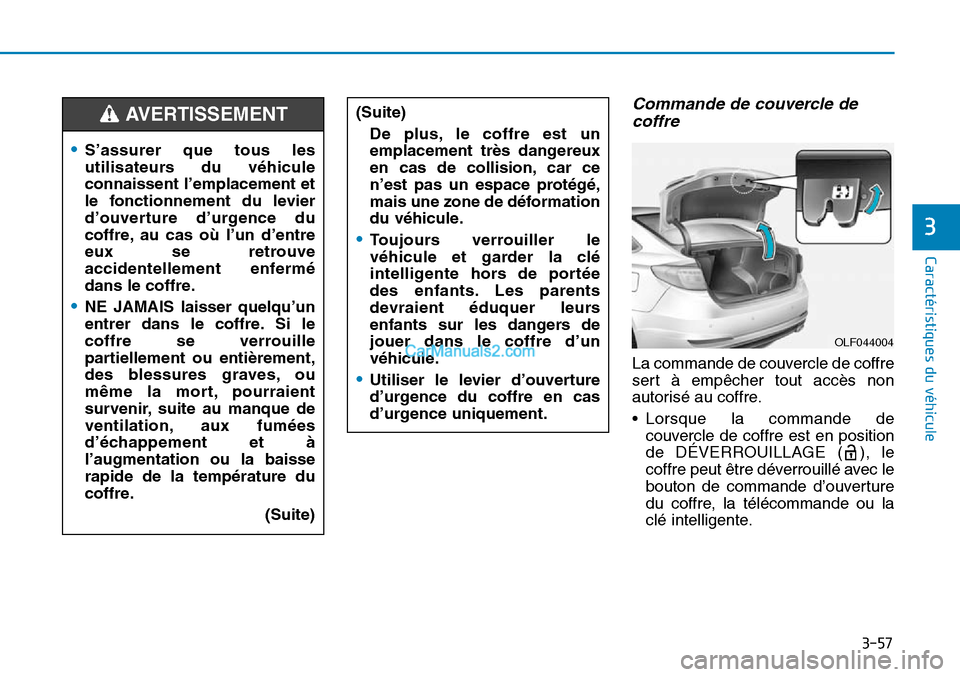 Hyundai Sonata 2015  Manuel du propriétaire (in French) 3-57
Caractéristiques du véhicule
3
Commande de couvercle decoffre
La commande de couvercle de coffre
sert à empêcher tout accès non
autorisé au coffre.
• Lorsque la commande de
couvercle de c